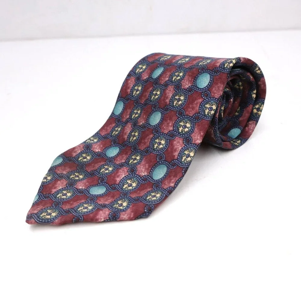 Mens Tie Christian Dior Monsieur Maroon Blue Geometric Round Pattern Classiccore